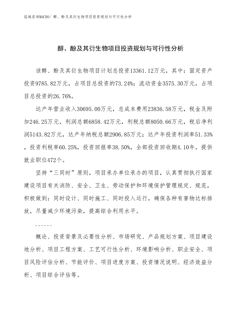 醇、酚及其衍生物项目投资规划与可行性分析_第1页