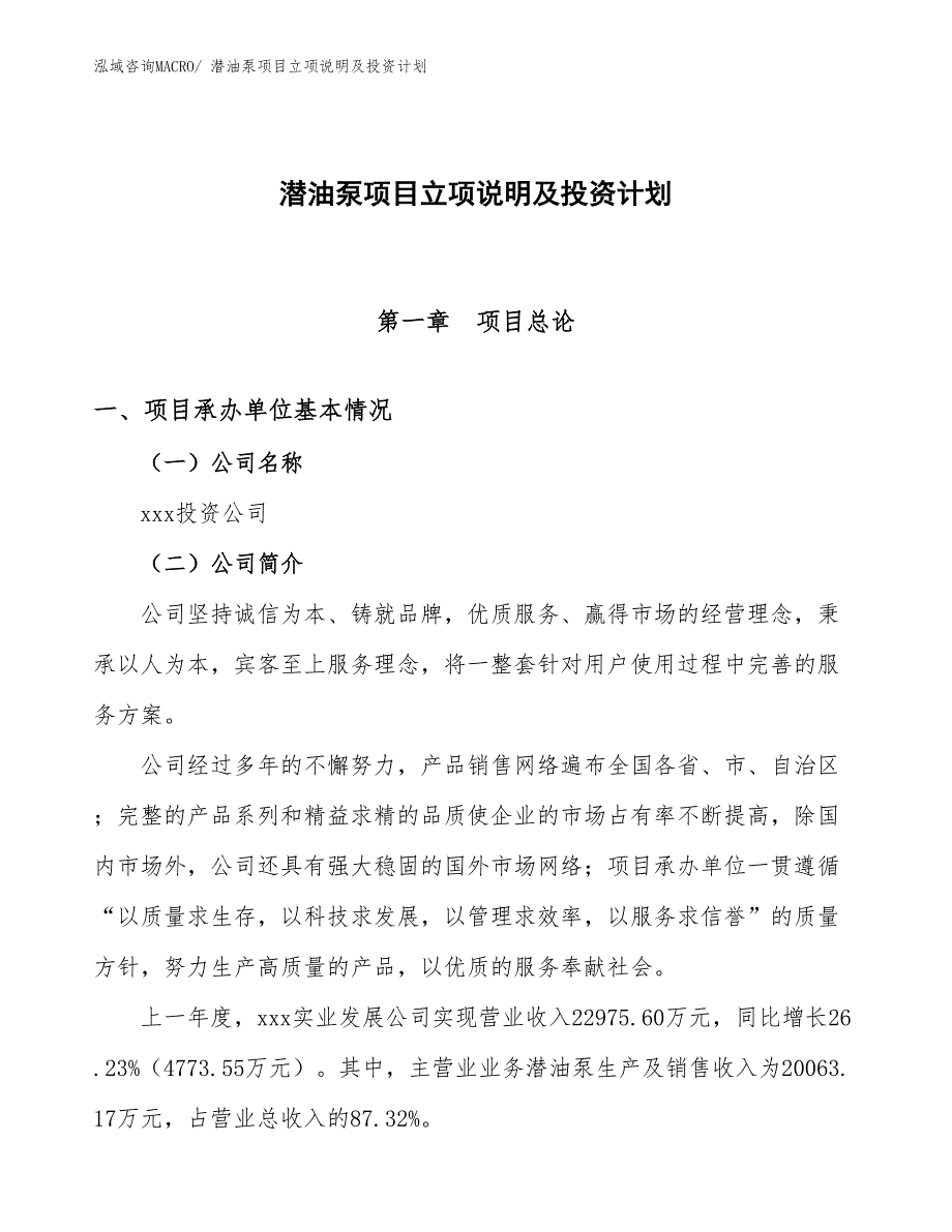 潜油泵项目立项说明及投资计划_第1页