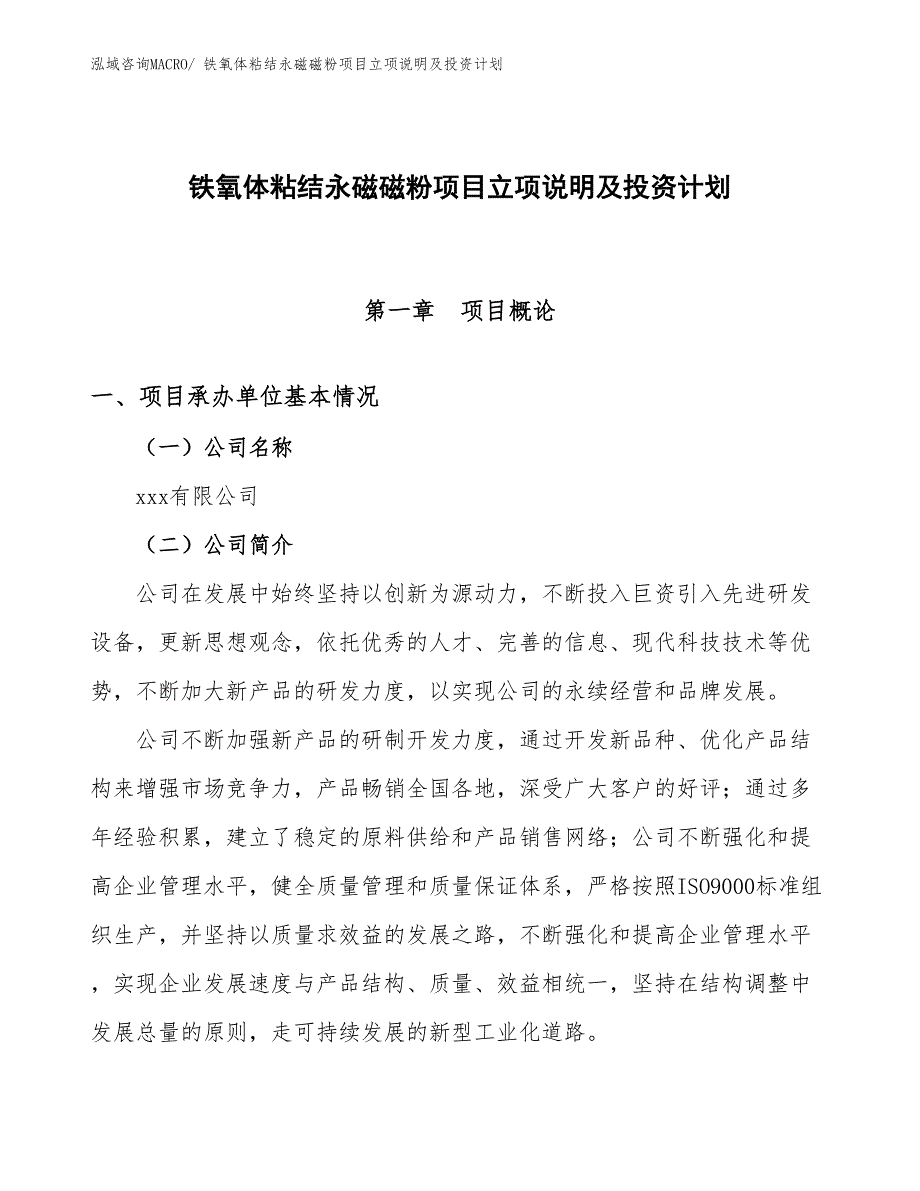 铁氧体粘结永磁磁粉项目立项说明及投资计划 (1)_第1页