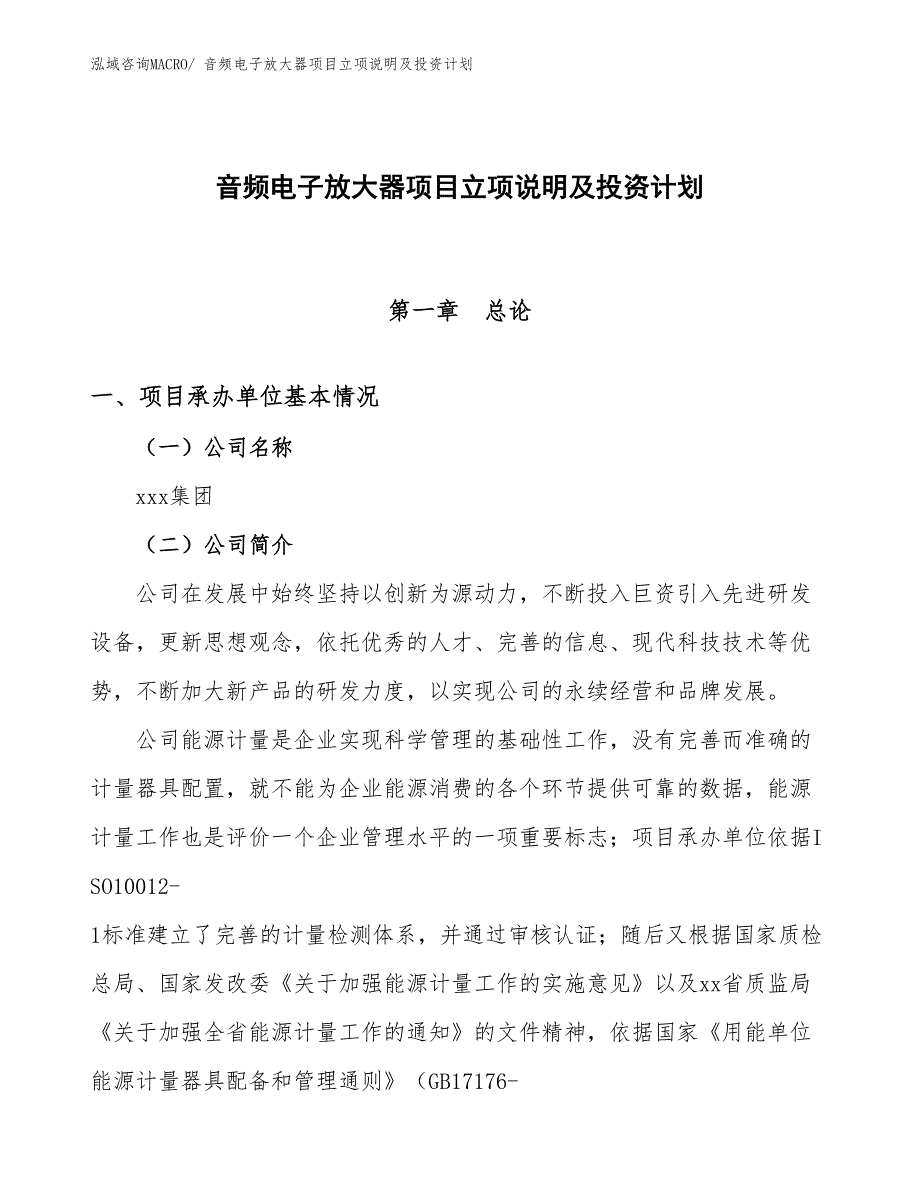 音频电子放大器项目立项说明及投资计划_第1页