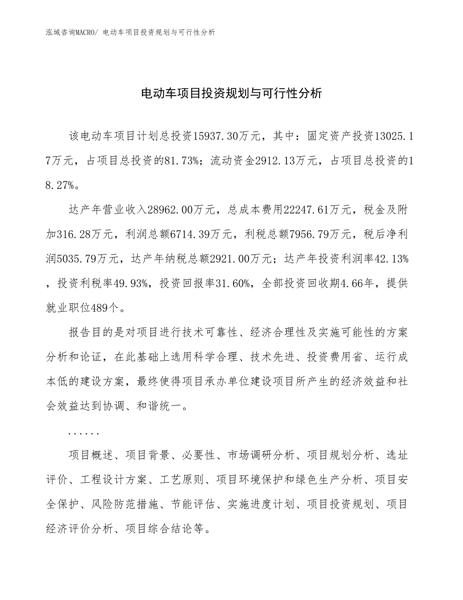 电动车项目投资规划与可行性分析_第1页