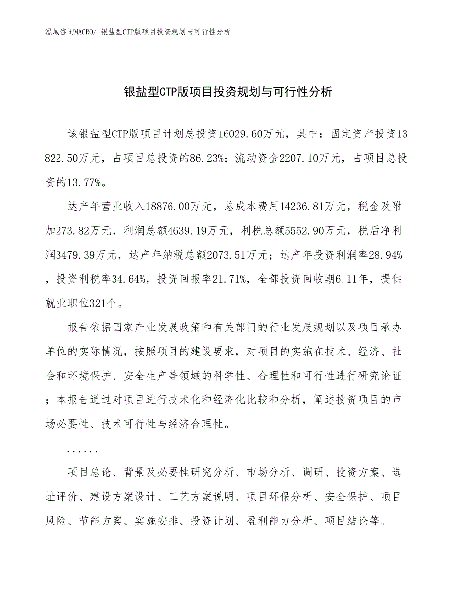 银盐型CTP版项目投资规划与可行性分析 (1)_第1页