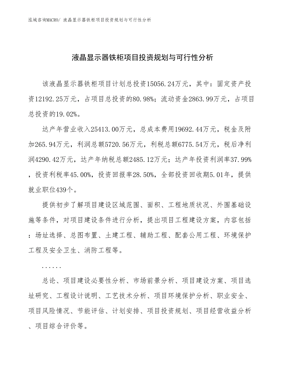 液晶显示器铁柜项目投资规划与可行性分析 (1)_第1页