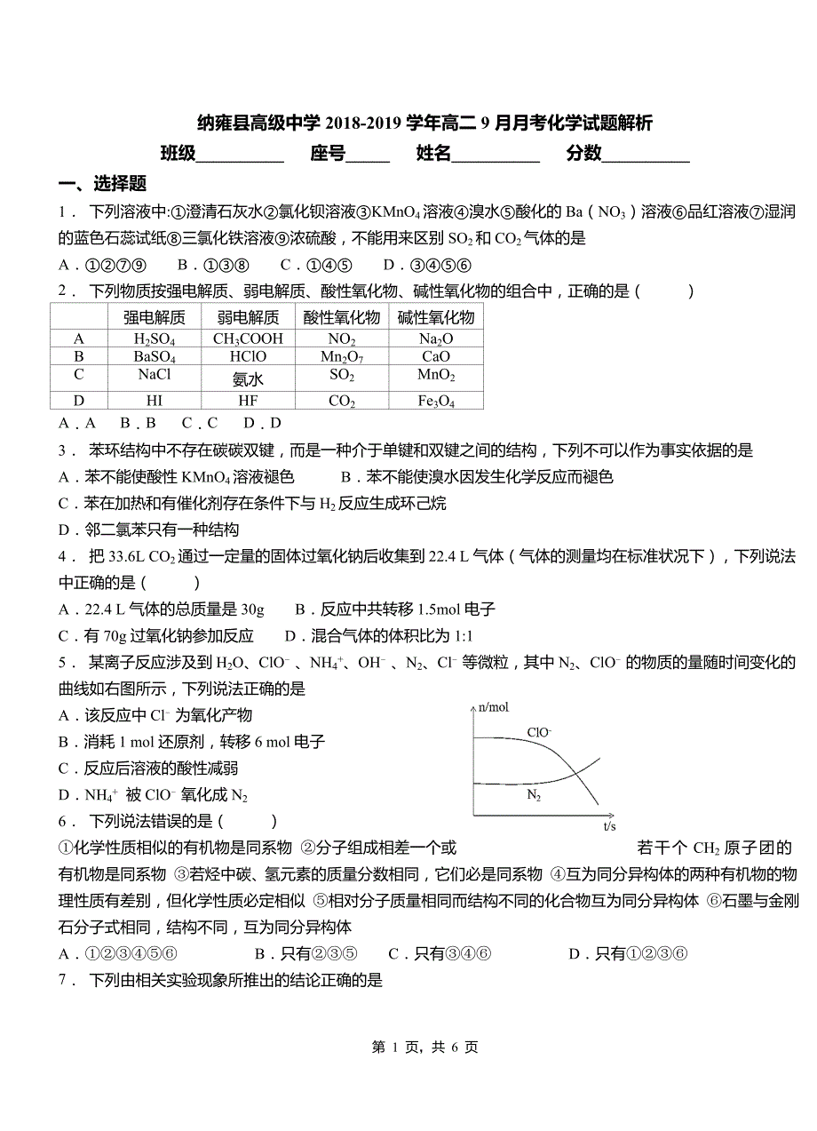 纳雍县高级中学2018-2019学年高二9月月考化学试题解析_第1页