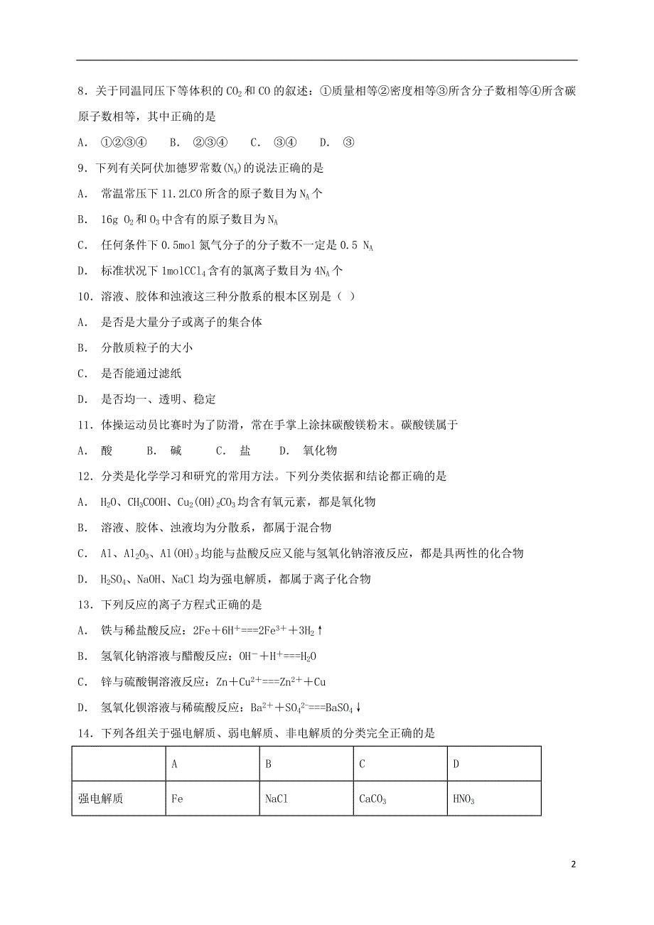 内蒙古正镶白旗察汗淖中学2018-2019学年高一化学上学期期中试题_第2页