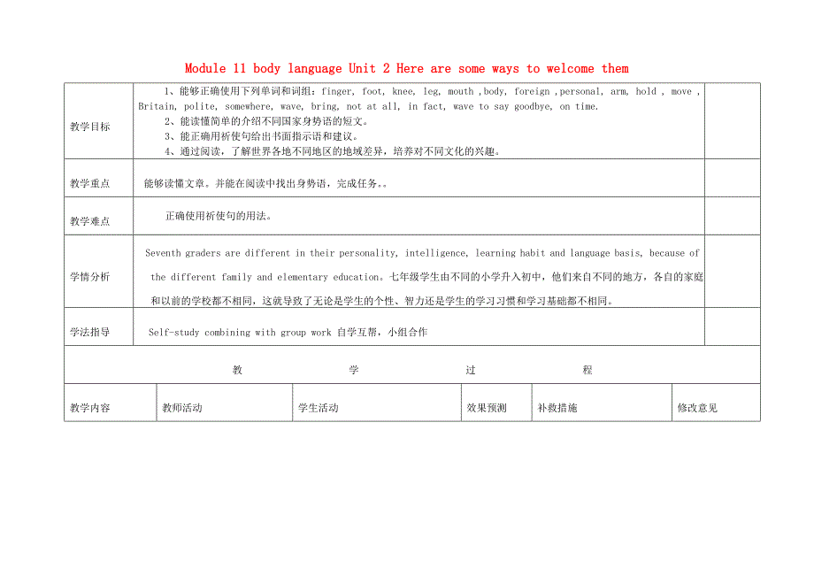 七年级英语下册新外研版教案：module 11 body language unit 2 here are some ways to welcome them1_第1页