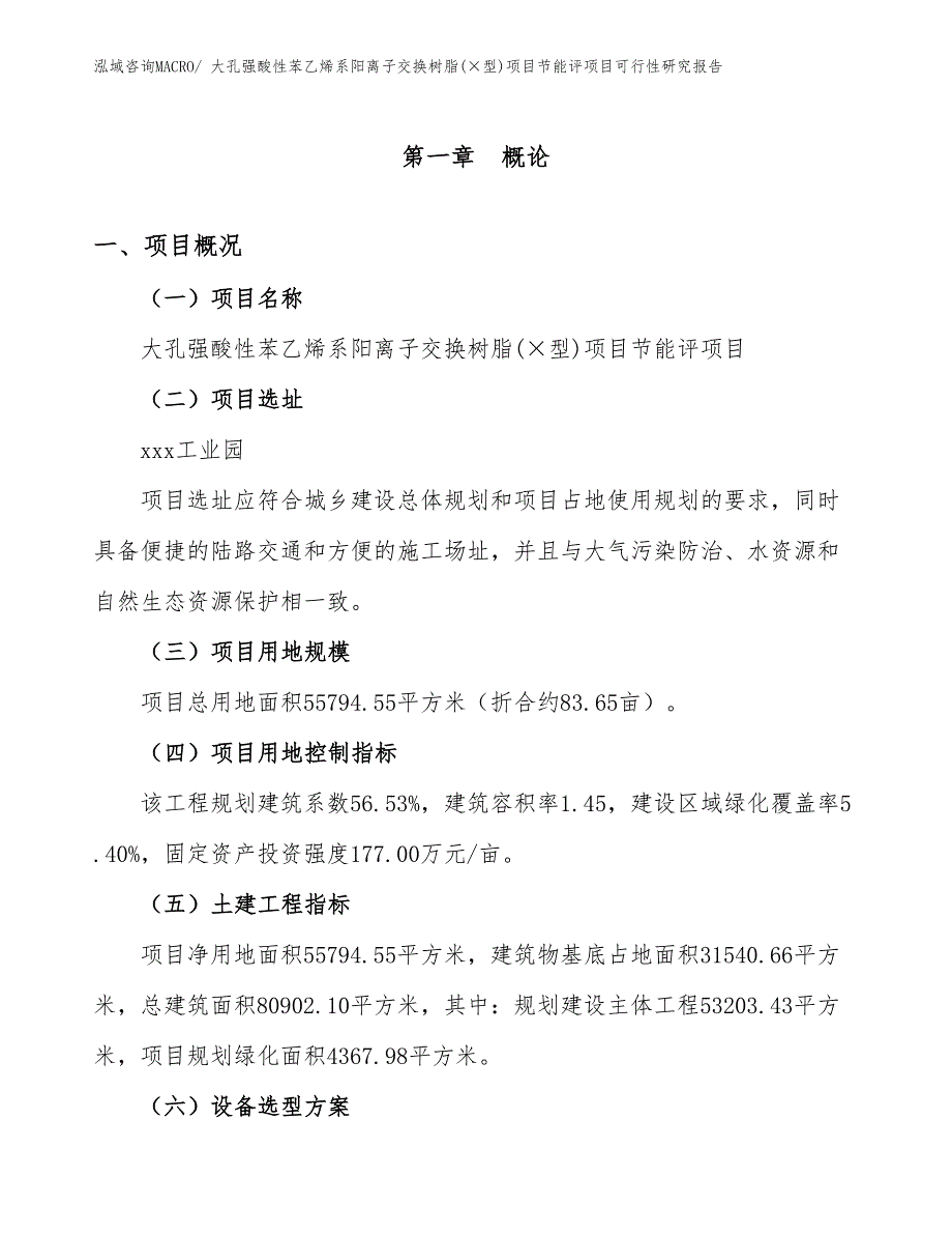 大孔强酸性苯乙烯系阳离子交换树脂(型)项目节能评项目可行性研究报告_第1页