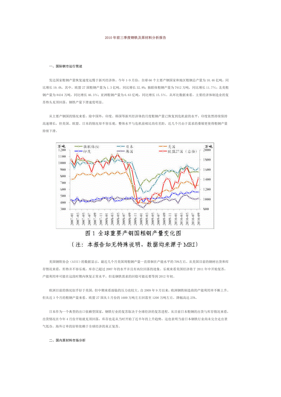 2010年前三季度钢铁及原材料分析报告_第1页