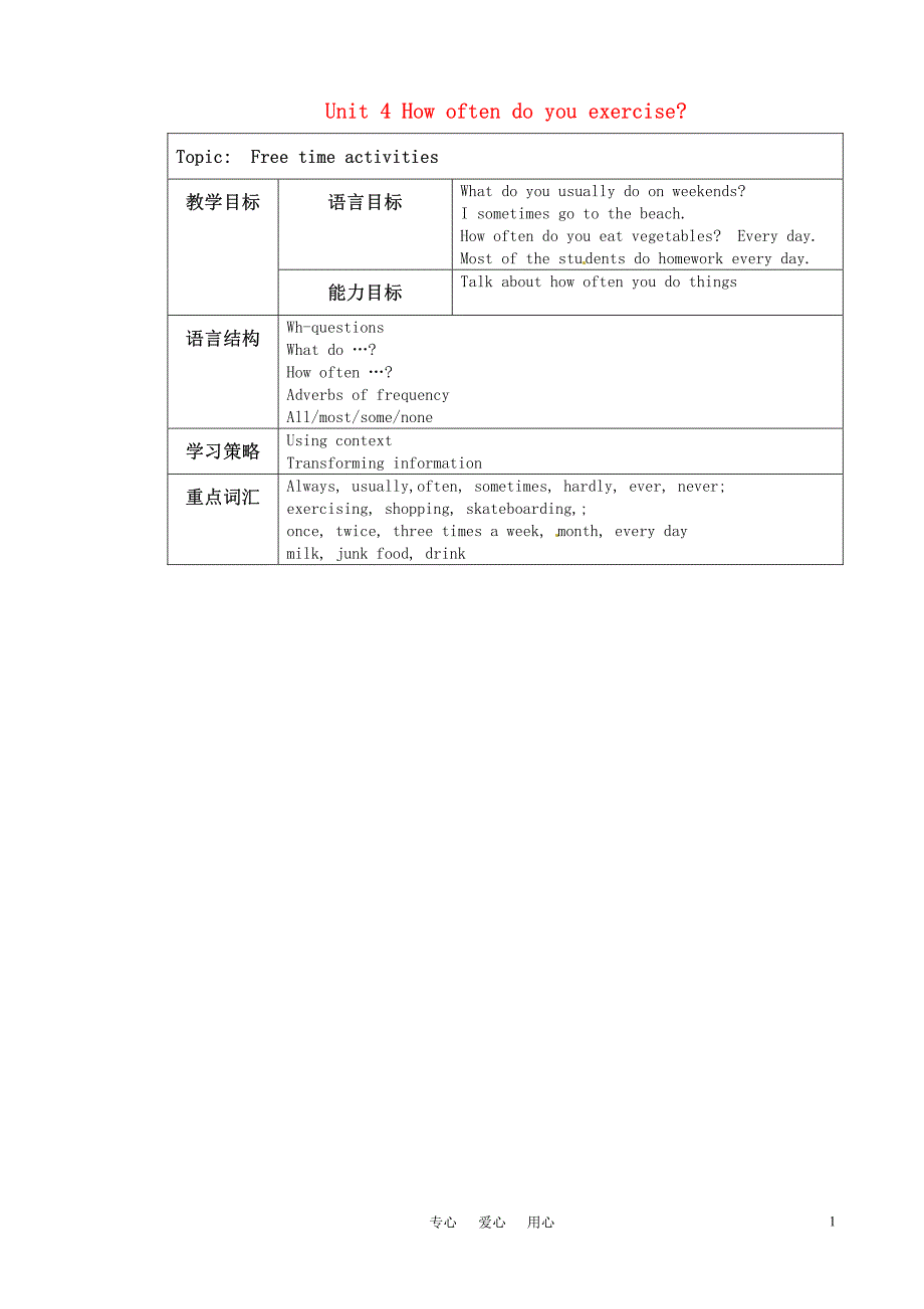 七年级英语上册 unit 4  how often do you exercise教案 鲁教版_第1页