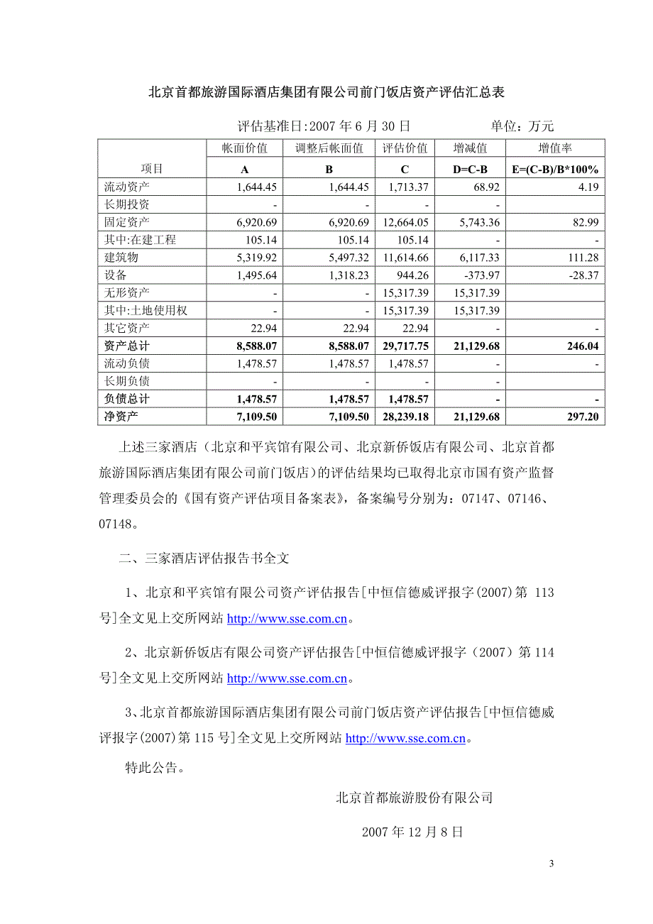 北京首都旅游股份有限公司关于增发a股拟收购资产评估结果的公告_第3页