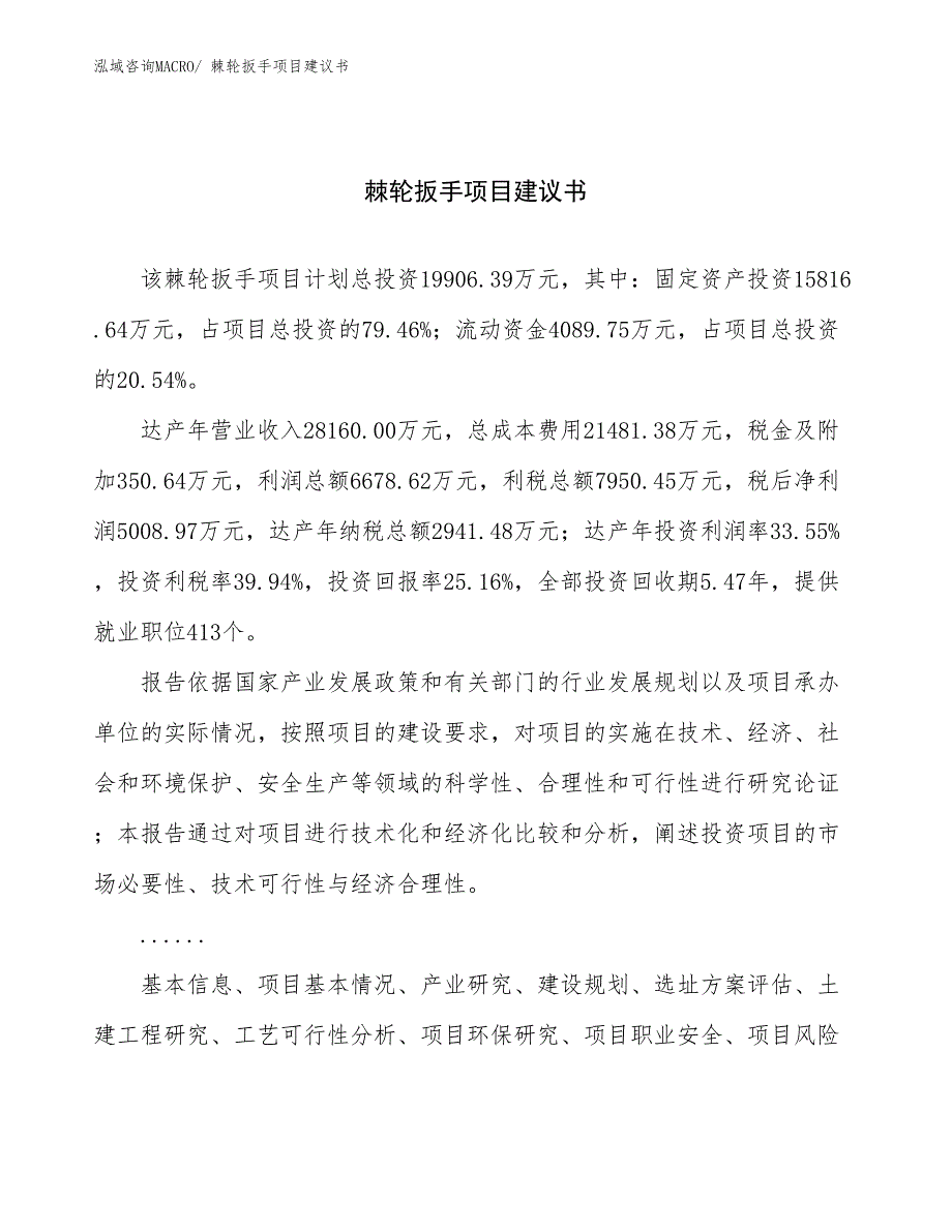 棘轮扳手项目建议书(90亩，投资19900万元）_第1页