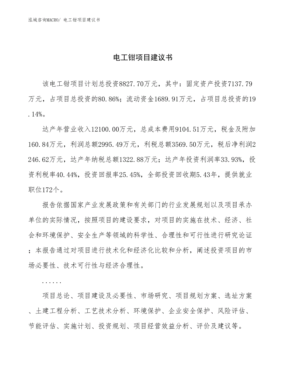 电工钳项目建议书(42亩，投资8800万元）_第1页