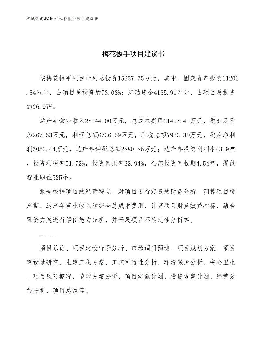 梅花扳手项目建议书(58亩，投资15300万元）_第1页