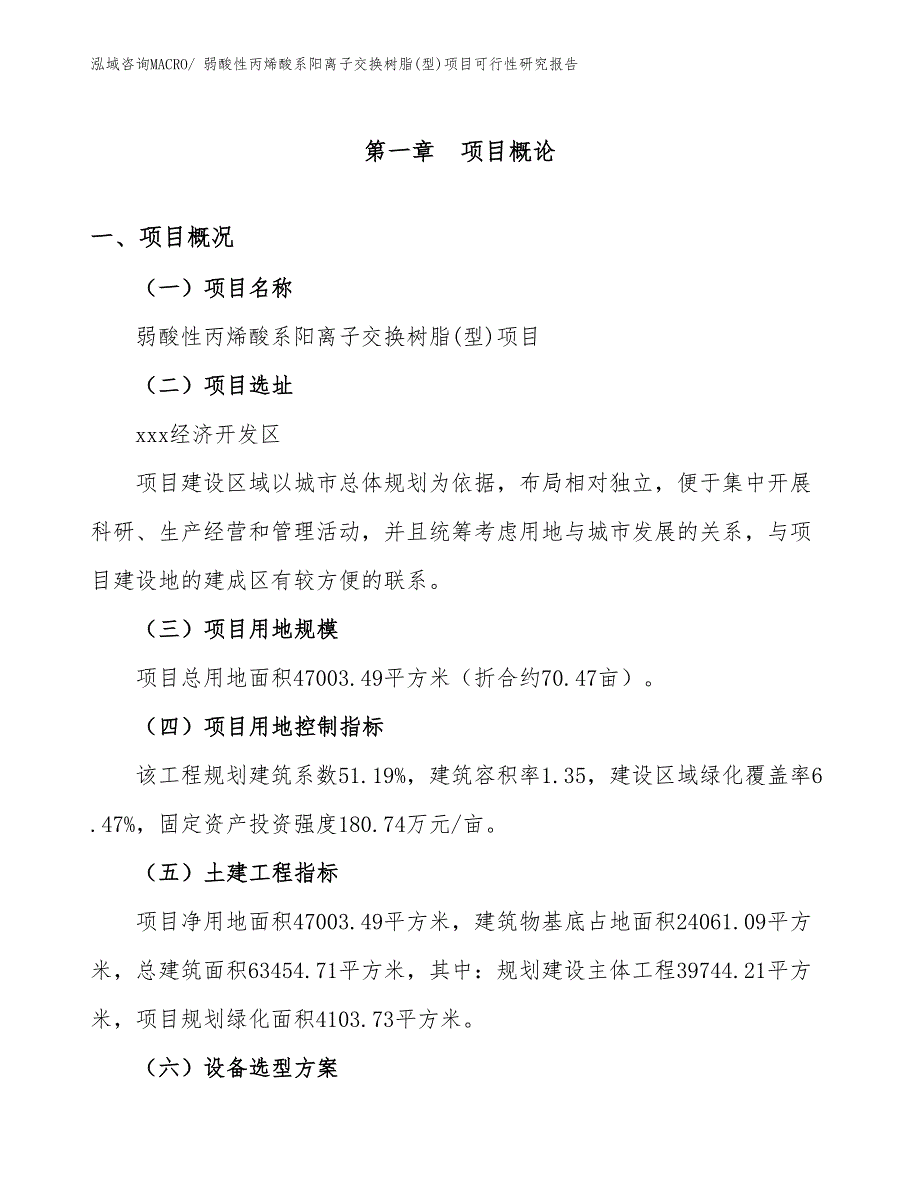 弱酸性丙烯酸系阳离子交换树脂(型)项目可行性研究报告_第1页