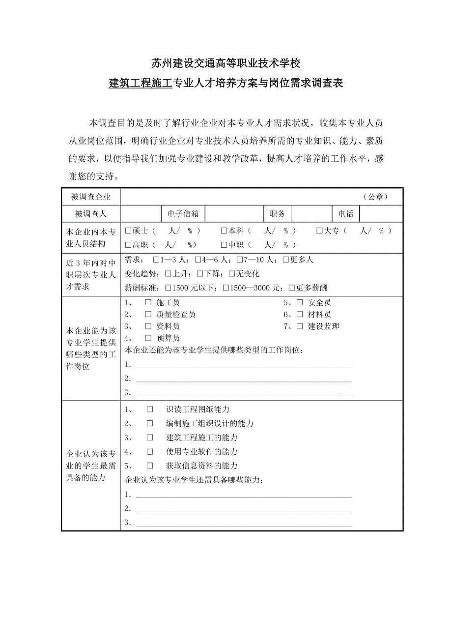 建筑施工专业人才需求调查表_第1页