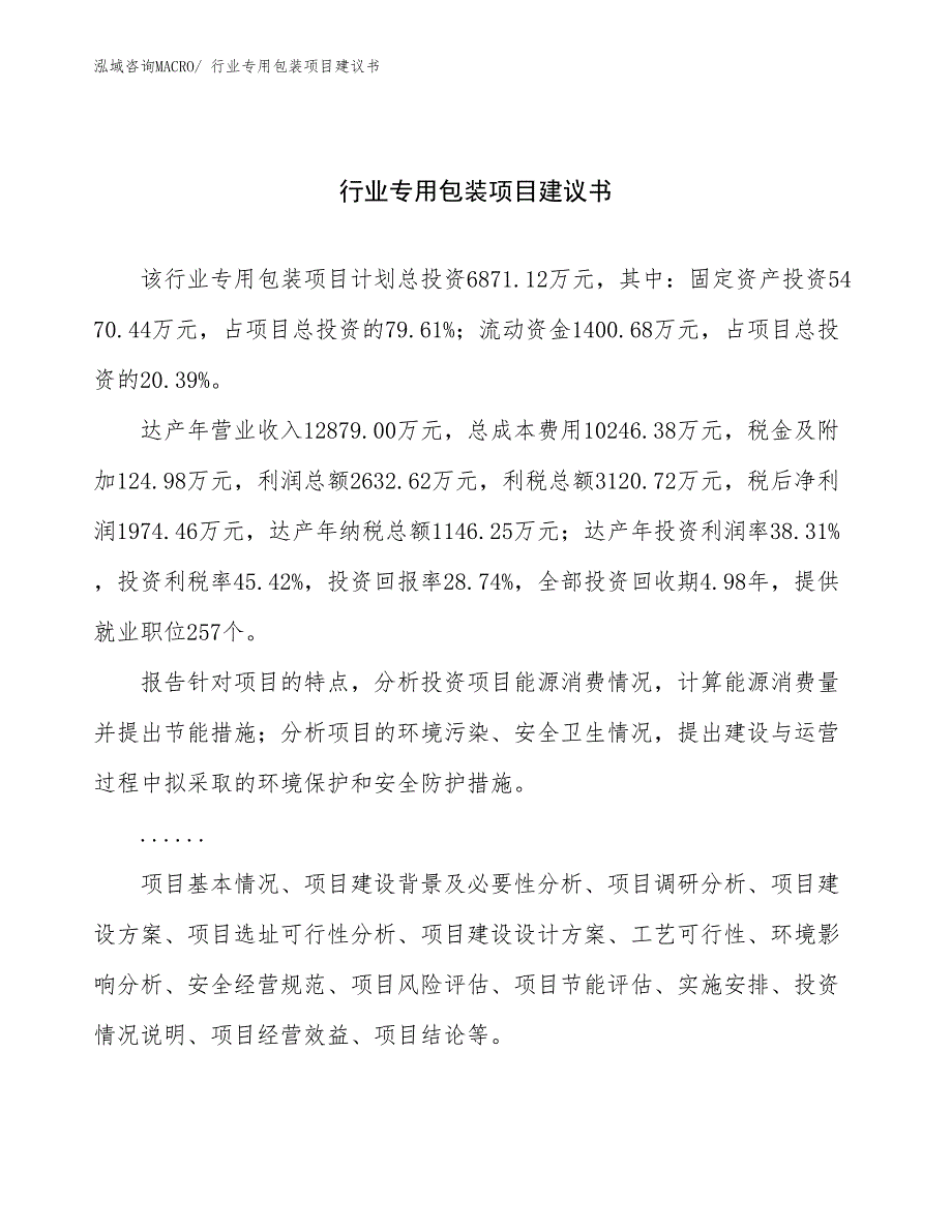 行业专用包装项目建议书(31亩，投资6900万元）_第1页