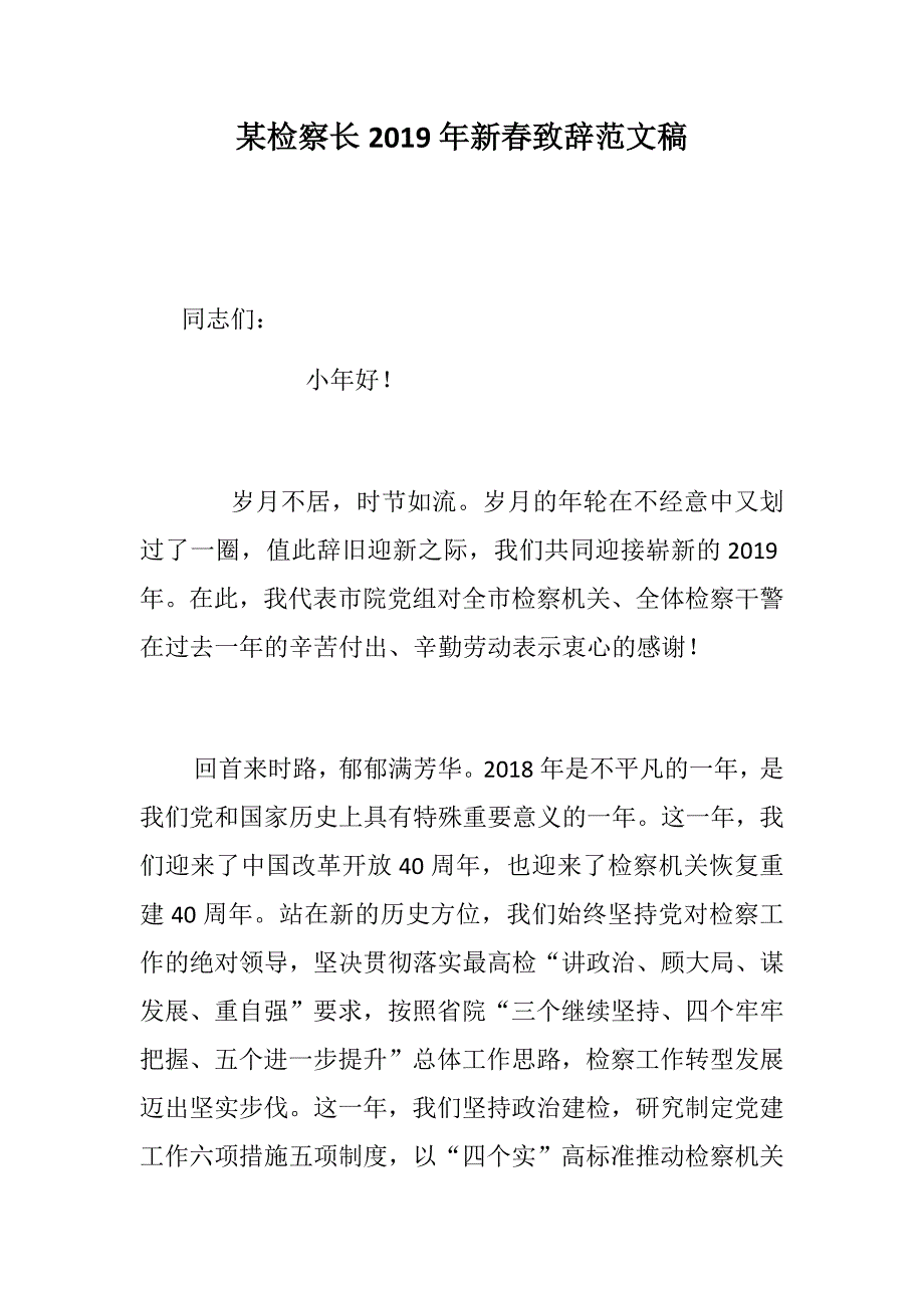 某检察长2019年新春致辞范文稿_第1页