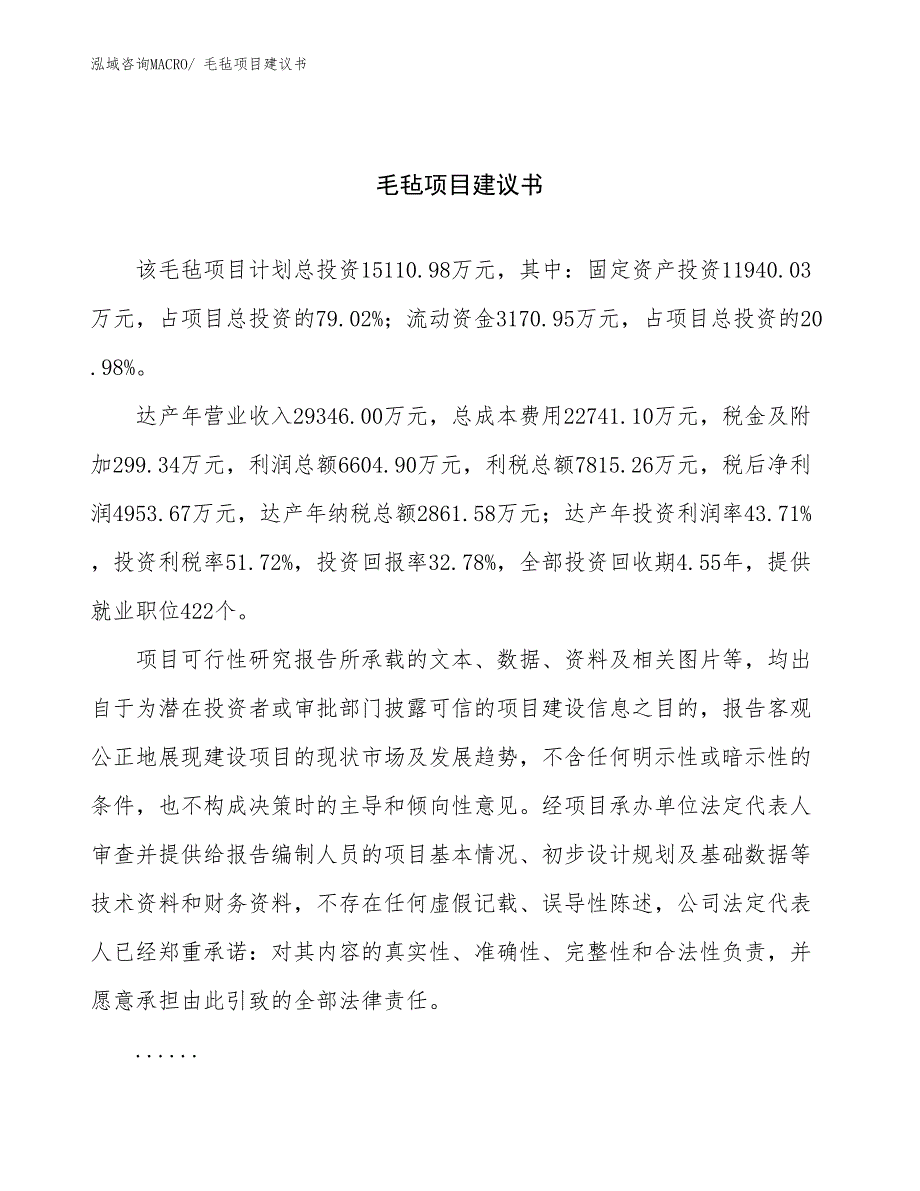 毛毡项目建议书(71亩，投资15100万元）_第1页