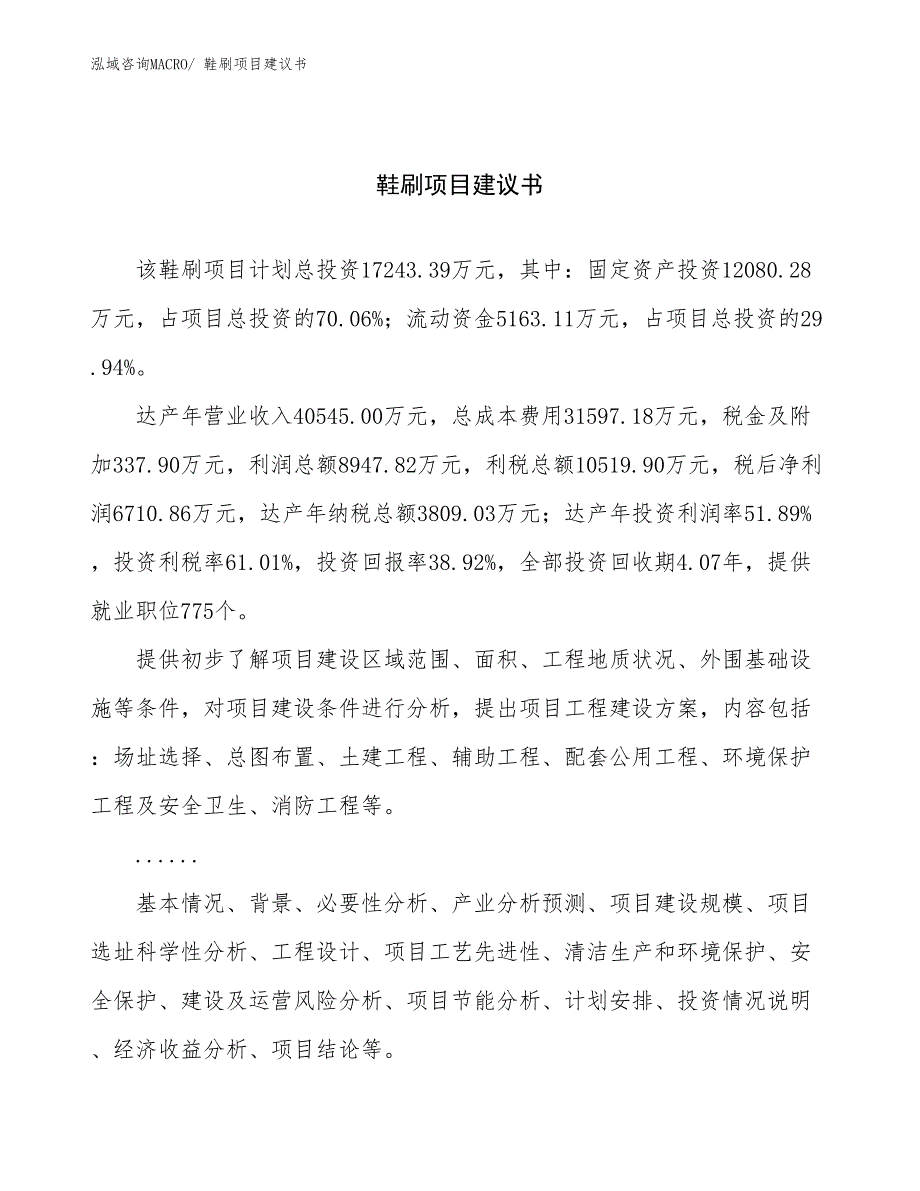 鞋刷项目建议书(71亩，投资17200万元）_第1页