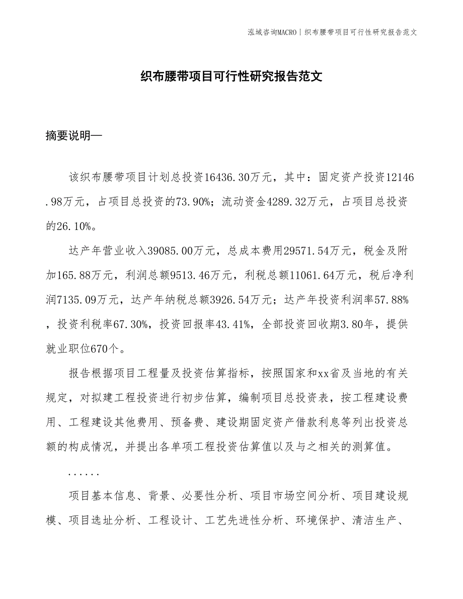 织布腰带项目可行性研究报告范文(投资16400万元)_第1页