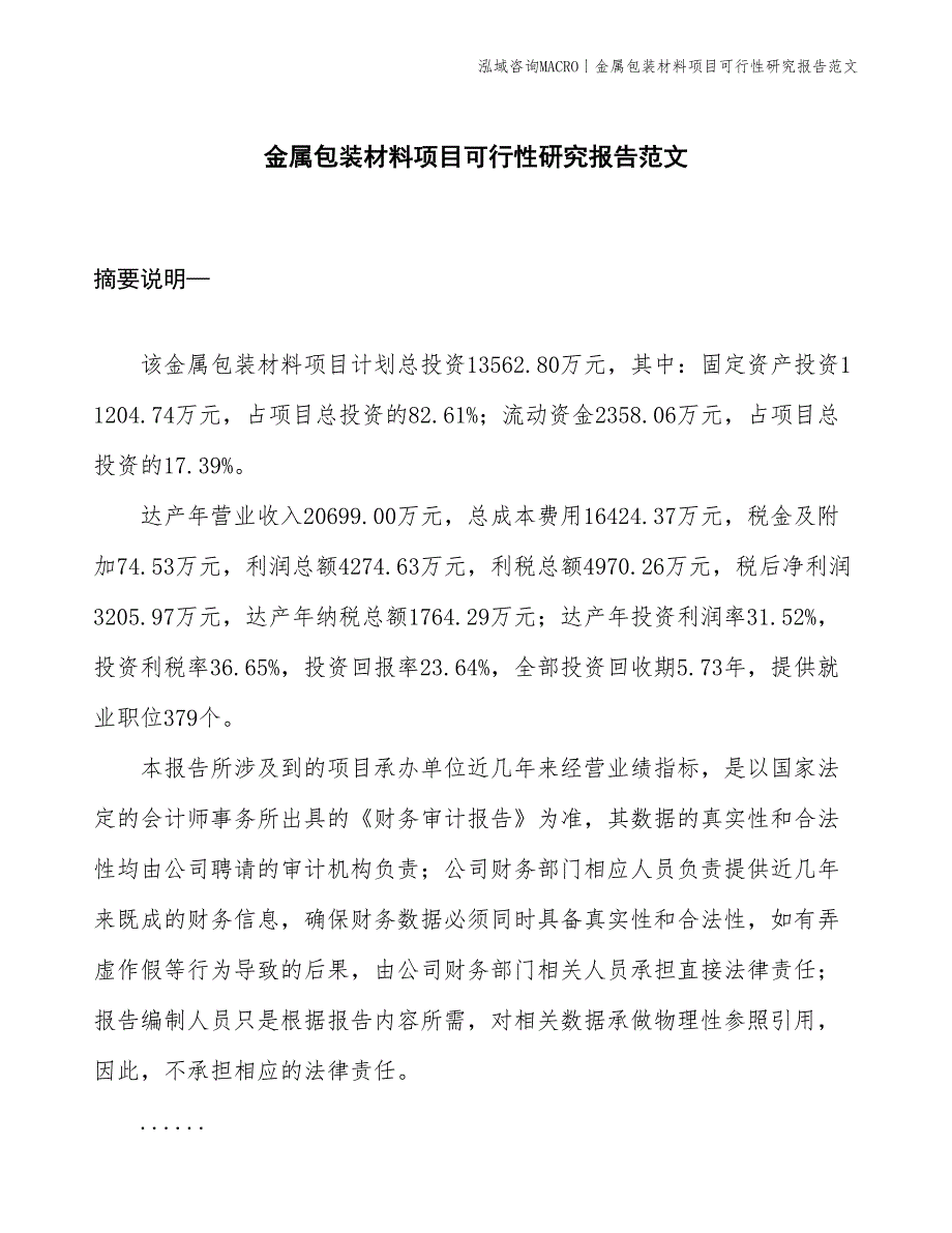 金属包装材料项目可行性研究报告范文(投资13600万元)_第1页