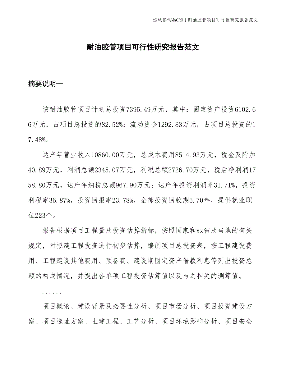 耐油胶管项目可行性研究报告范文(投资7400万元)_第1页