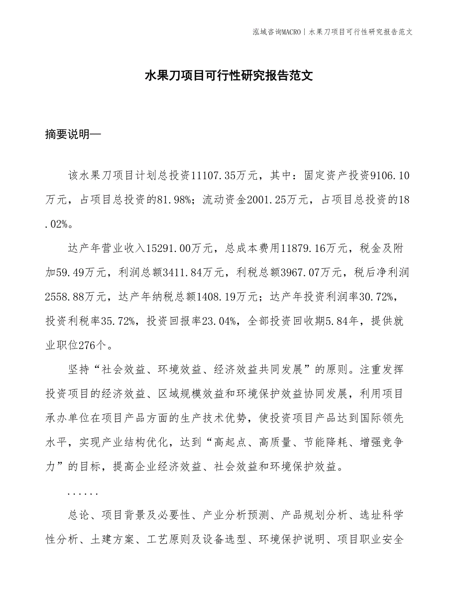 水果刀项目可行性研究报告范文(投资11100万元)_第1页