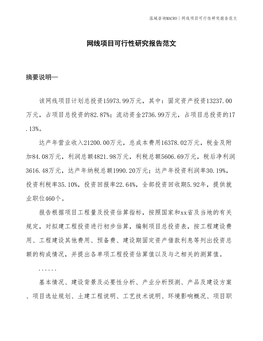 网线项目可行性研究报告范文(投资16000万元)_第1页