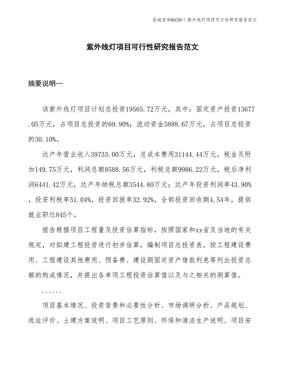 紫外线灯项目可行性研究报告范文(投资19600万元)_第1页