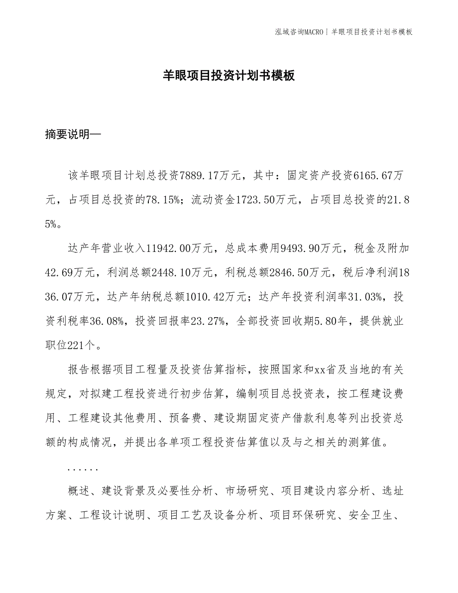 羊眼项目投资计划书模板_第1页