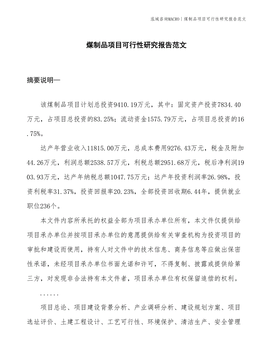 煤制品项目可行性研究报告范文(投资9400万元)_第1页