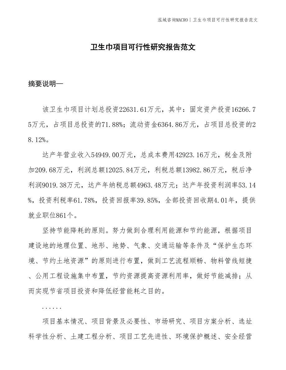 卫生巾项目可行性研究报告范文(投资22600万元)_第1页