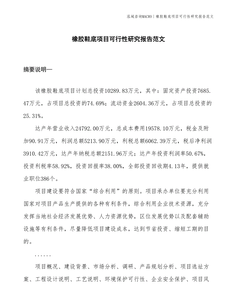 橡胶鞋底项目可行性研究报告范文(投资10300万元)_第1页