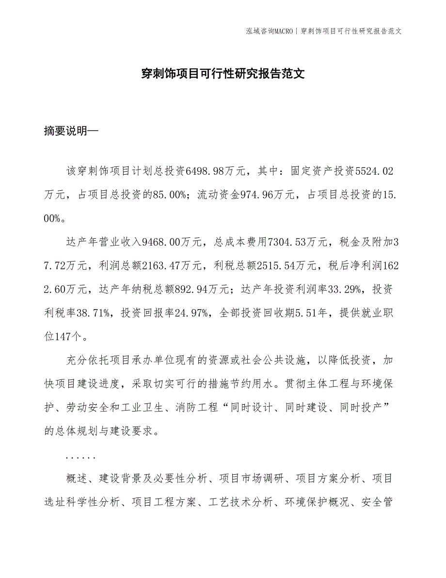 穿刺饰项目可行性研究报告范文(投资6500万元)_第1页