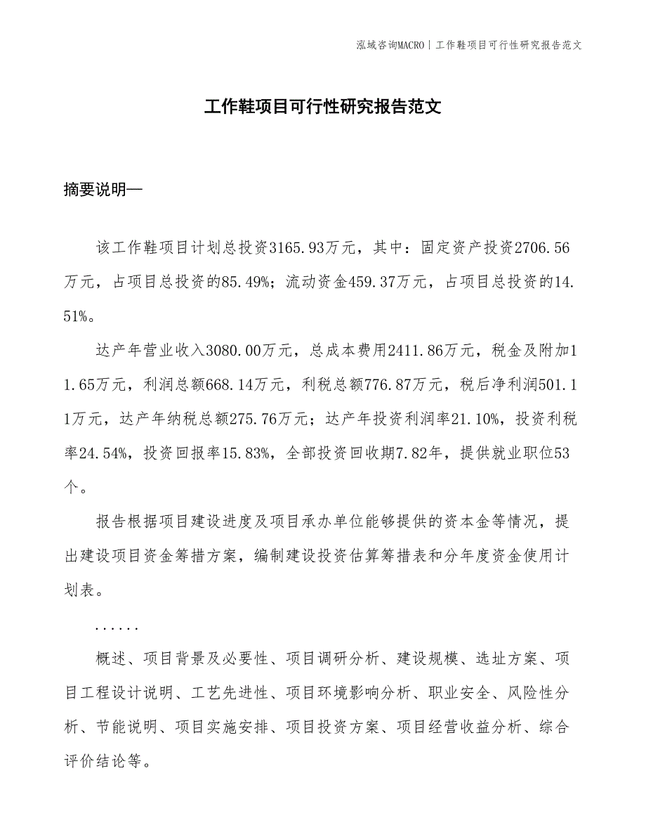 工作鞋项目可行性研究报告范文(投资3200万元)_第1页