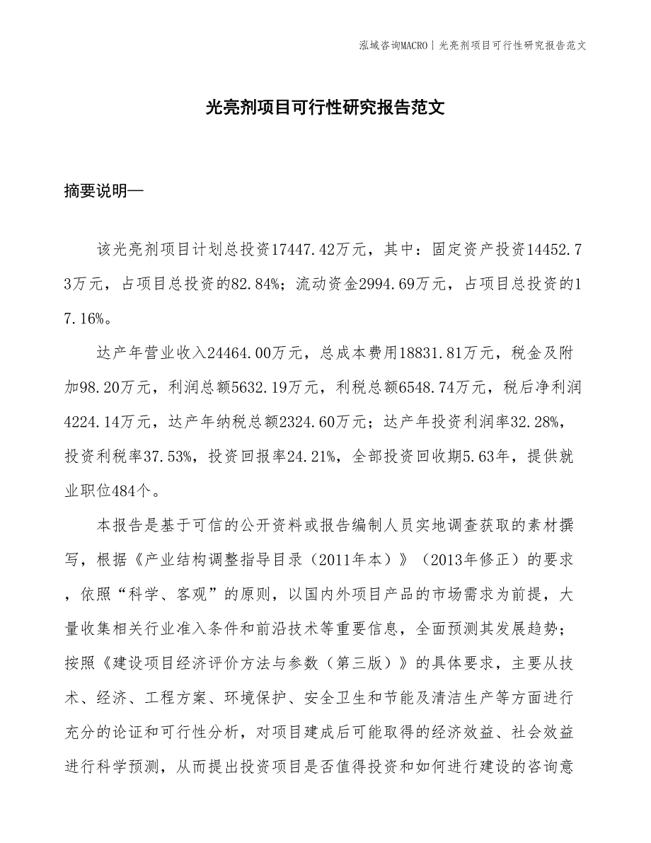 光亮剂项目可行性研究报告范文(投资17400万元)_第1页