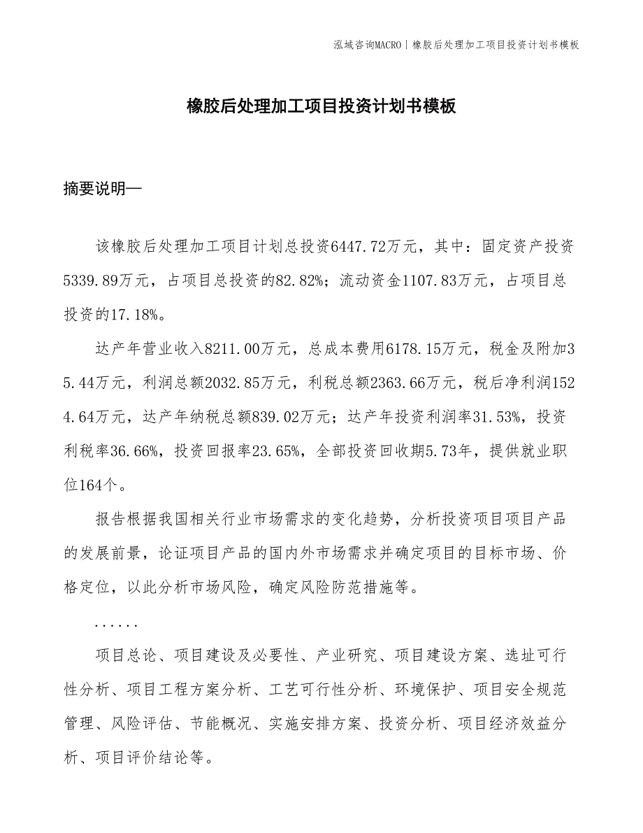 橡胶后处理加工项目投资计划书模板_第1页