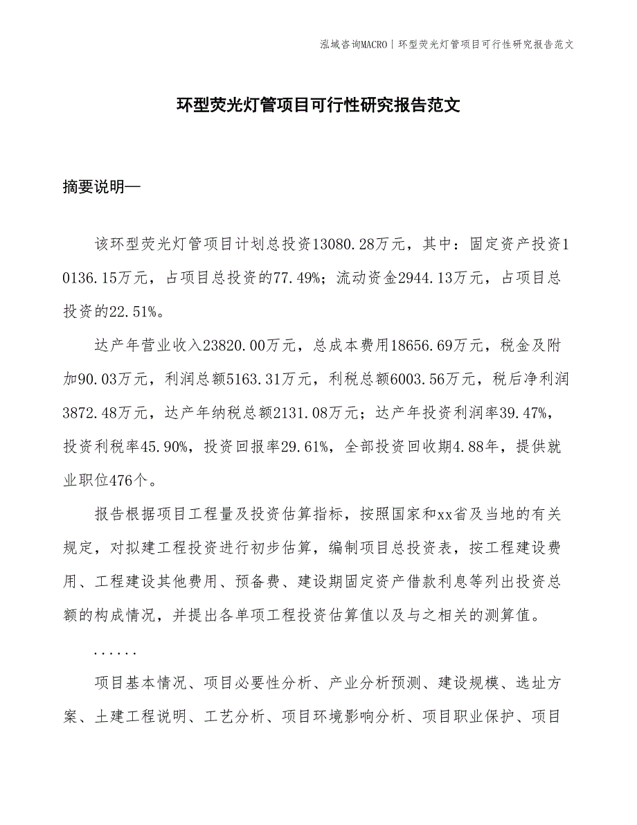 环型荧光灯管项目可行性研究报告范文(投资13100万元)_第1页