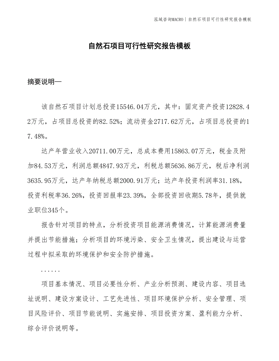 自然石项目可行性研究报告模板(投资15500万元)_第1页