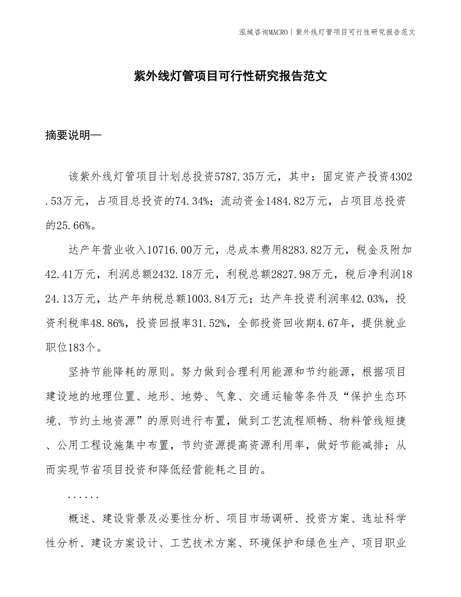 紫外线灯管项目可行性研究报告范文(投资5800万元)_第1页