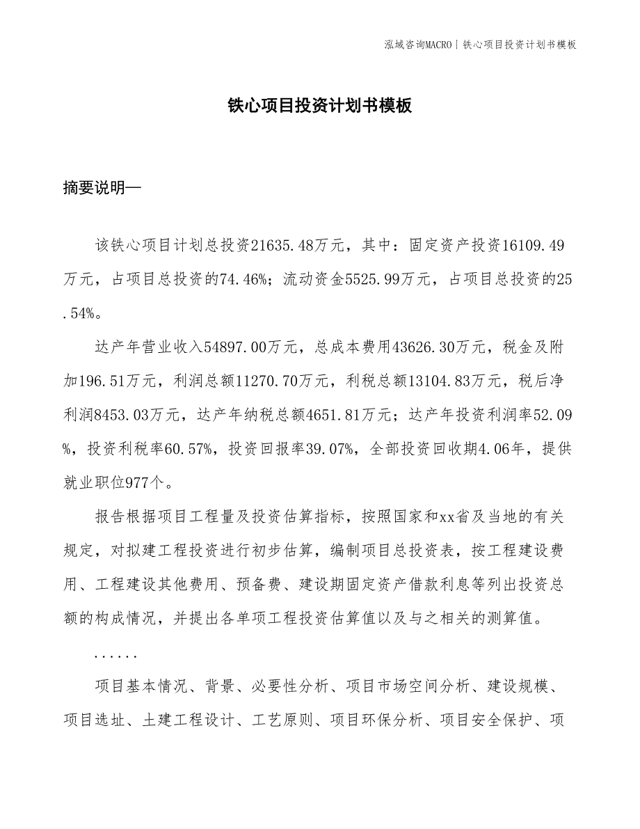 铁心项目投资计划书模板_第1页