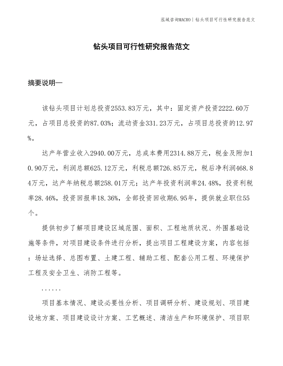 钻头项目可行性研究报告范文(投资2600万元)_第1页