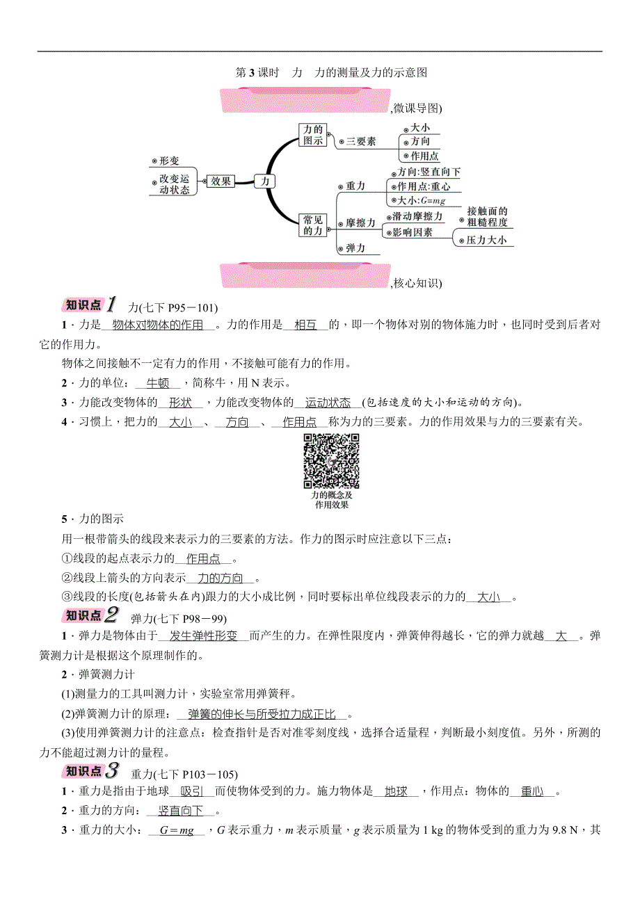 2018届中考科学复习（浙江）精讲精练：第3课时　力　力的测量及力的示意图_第1页