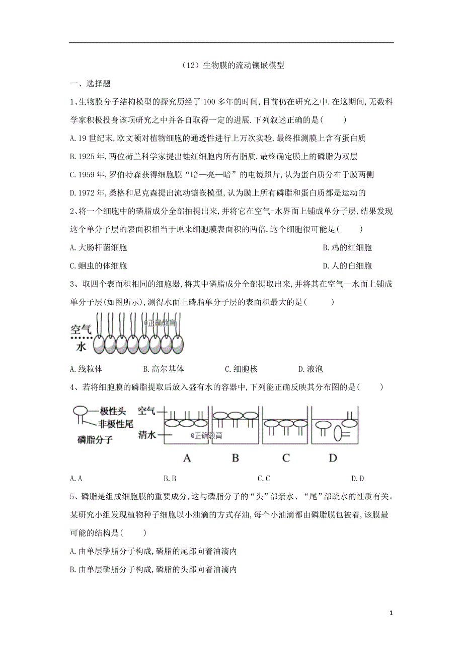 2018-2019学年高一生物 寒假作业（12）生物膜的流动镶嵌模型 新人教版_第1页