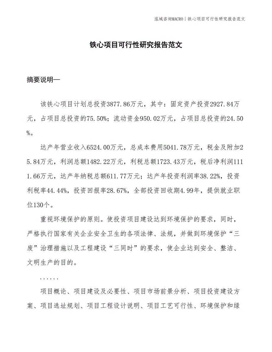 铁心项目可行性研究报告范文(投资3900万元)_第1页