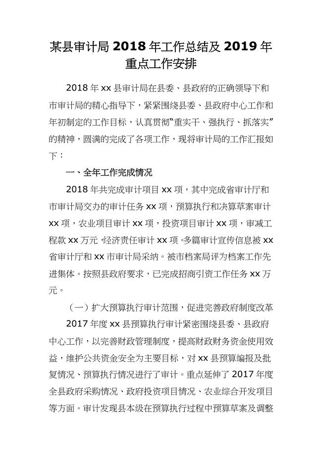 某县审计局2018年工作总结及2019年重点工作安排