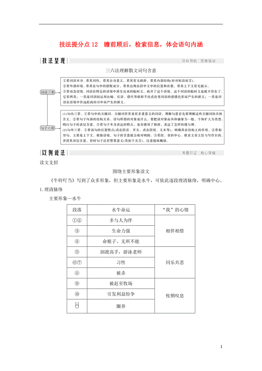 （浙江专用）2019高考语文二轮培优  第二部分 现代文阅读 专题三 第一节 散文 技法提分点12 瞻前顾后，检索信息，体会语句内涵_第1页