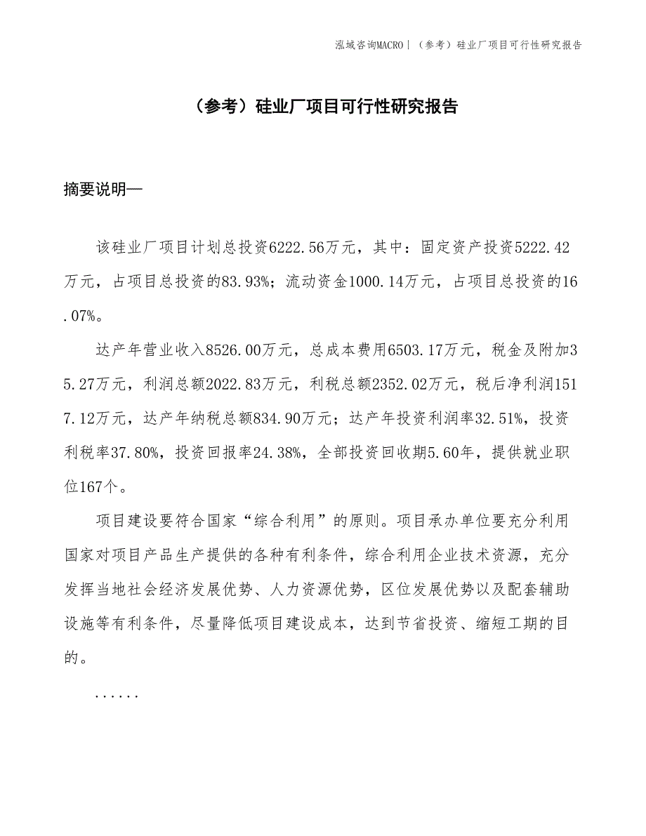 （参考）硅业厂项目可行性研究报告(投资6200万元)_第1页