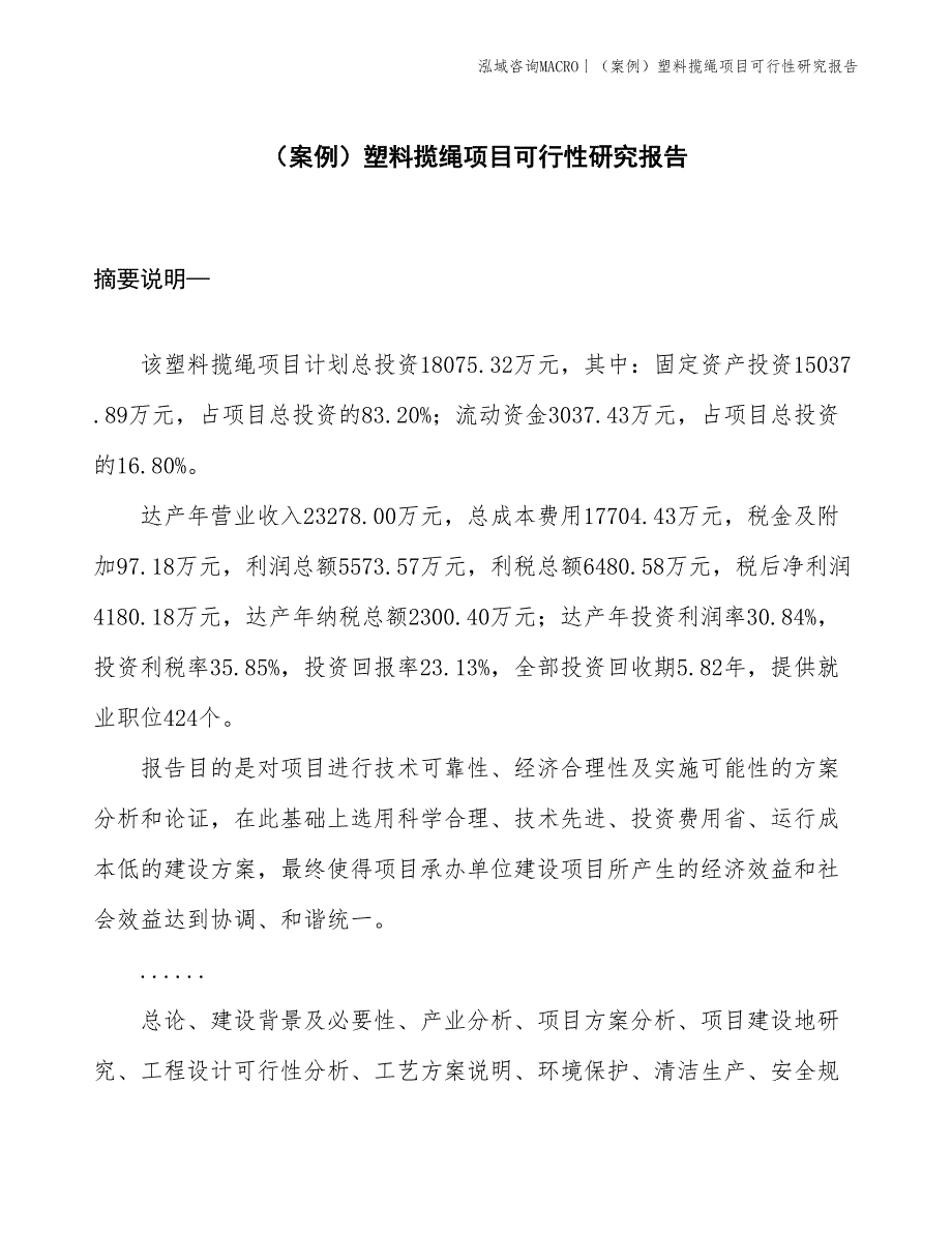 （案例）塑料揽绳项目可行性研究报告(投资18100万元)_第1页