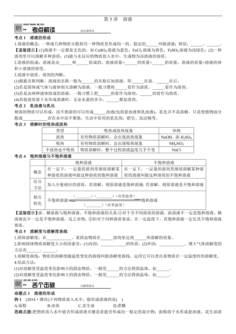 江苏省（沪科全国版）2015年中考化学复习考点试题解读第5讲 溶液_第1页